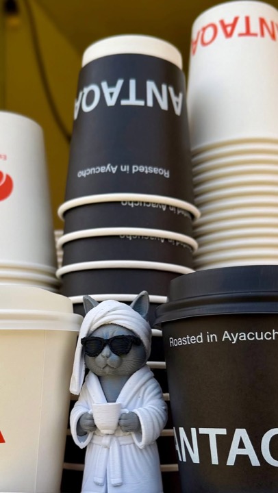 Vasos de Antaqa apilados junto a una figura de gato con lentes